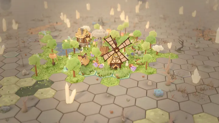 A windmill and greening hexes at the edge of the ash