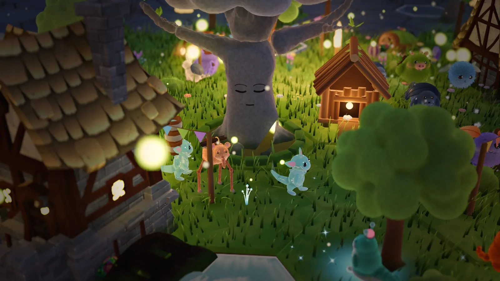 Night in the valley: lit windows, fireflies and the sleeping Old Tree